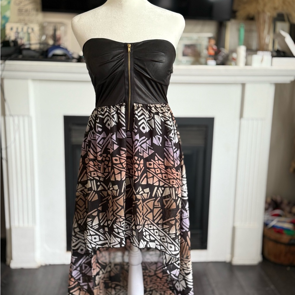 Strapless Geometric Print Dress - Black and Brown